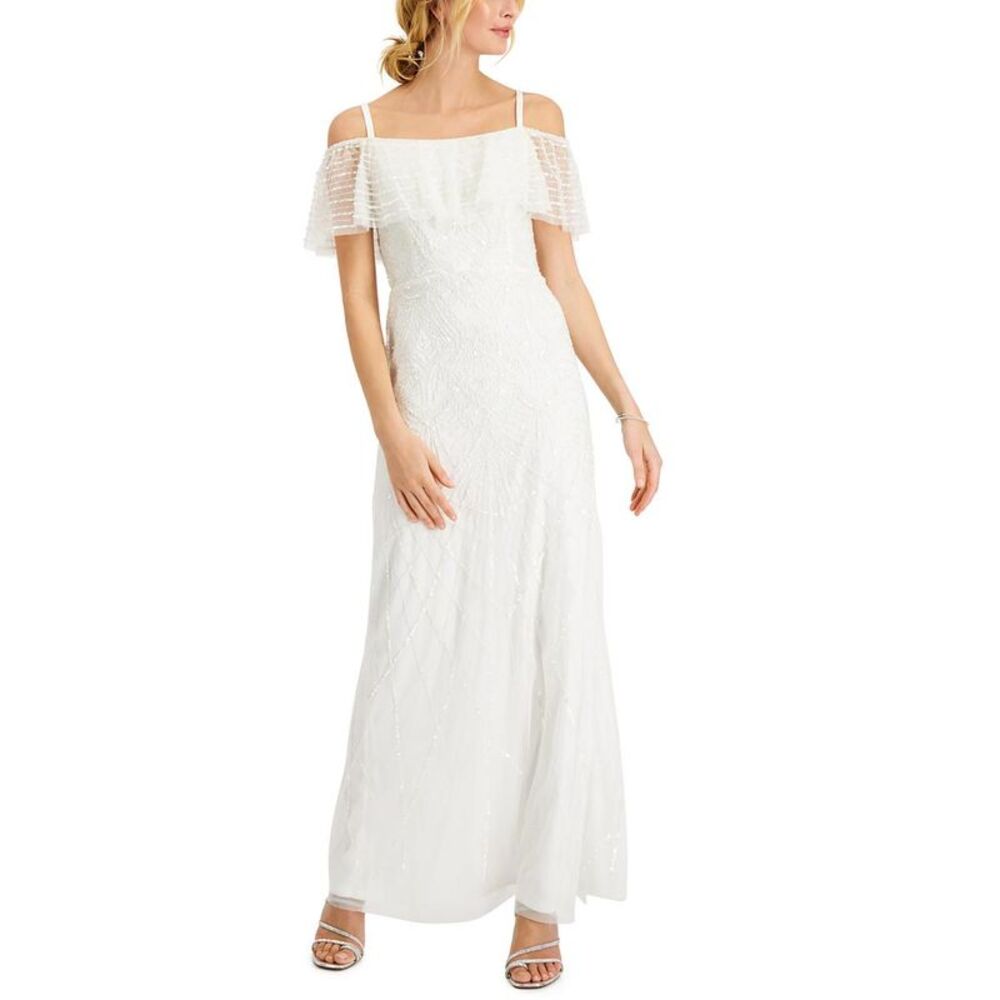 Adrianna Papell White Off-Shoulder Beaded Gown